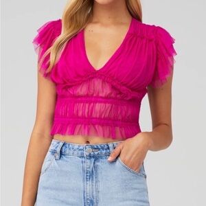 Free People Fuchsia Ruffle Sleeve Crop Top